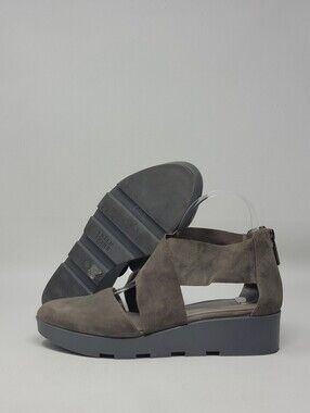 Eileen Fisher Carver Suede Wedge Sandals Gray Taupe Cutout Zip Womens Size 8.5